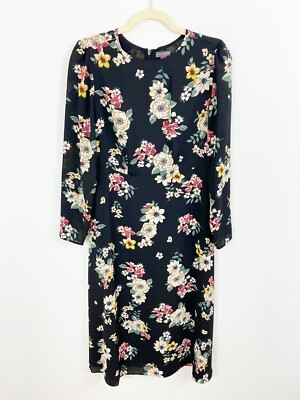 Vince Camuto Womens Floral Long Sleeves Midi Dress Black S
