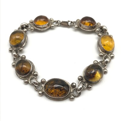 Vintage 925 Sterling Silver Amber Gemstone Chain Link Bracelet 7