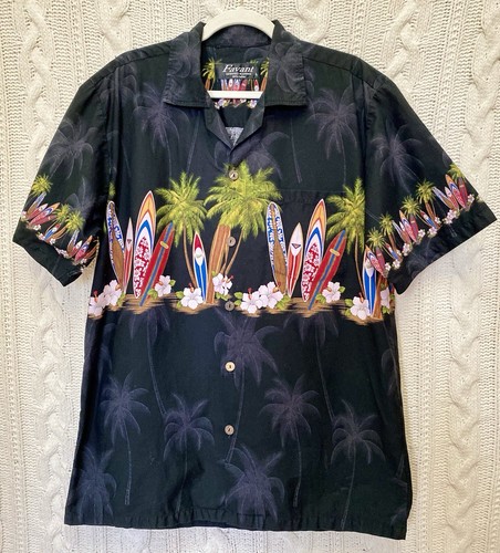 Favant Men’s L Hawaiian Shirt Black Aloha Camp Surf Palm Tree USA 100% Cotton