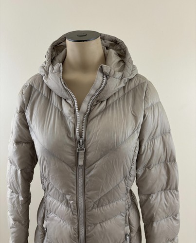 ATHLETA BANNER PEAK DOWN Sz XS Dove Grey Goose Down Full Zip Pocket Hooded Coat - Picture 2 of 8