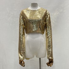 Ladies Casual Shiny Sequin Cropped Top Glitter Long Sleeve Blouse Zip Night Bar