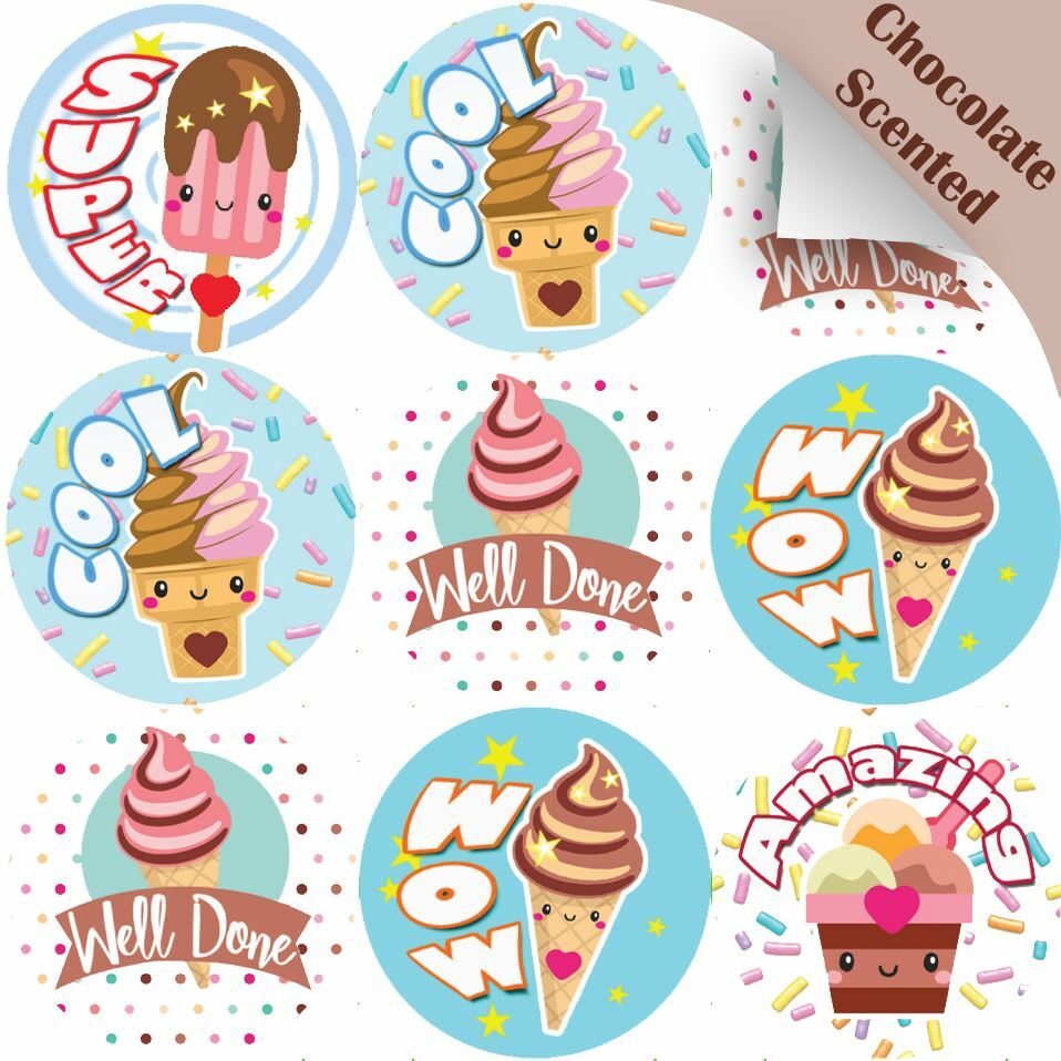 120 Ice Cream Praise Words 30mm Chocolate Scented Reward Stickers for Teachers