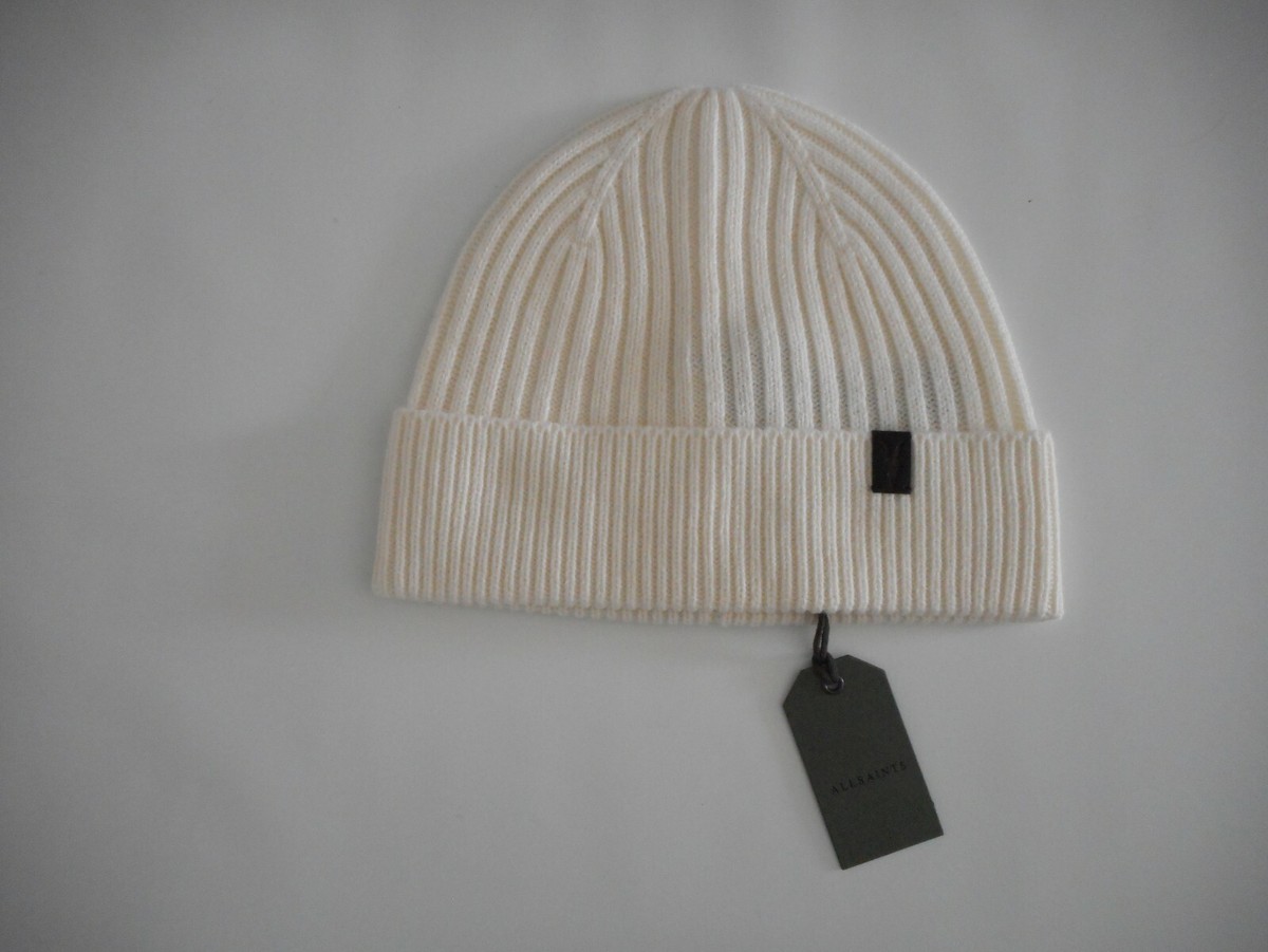 ALLSAINTS Mix Rib WOOL BLEND Womens Chalk Cuff Knit BEANIE HAT SET