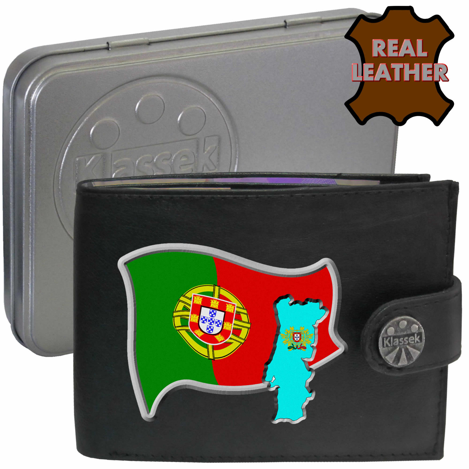Portugal Wallet Portuguese Flag Map Emblem Soft Real Leather Gift Tin RFID