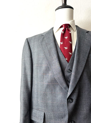 Hart Schaffner Marx Vintage Suit Jacket & Vest Combo 46R Wool Gray Plaid 80's
