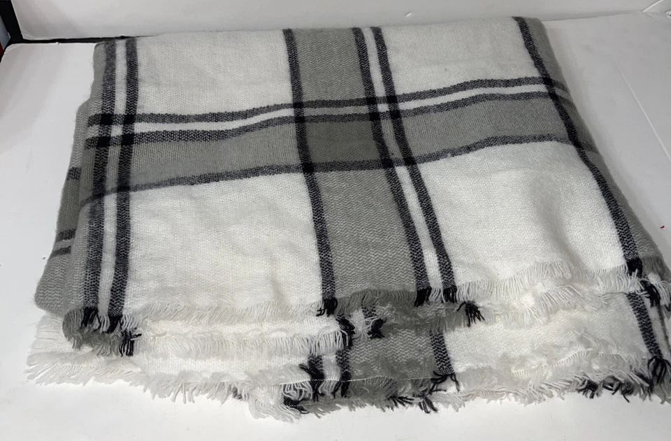 "Michael Stars Bufanda Rectangular Envoltura Blanco Negro Gris Flecos a Cuadros Suave 76""x30""" Foto 4 de 4