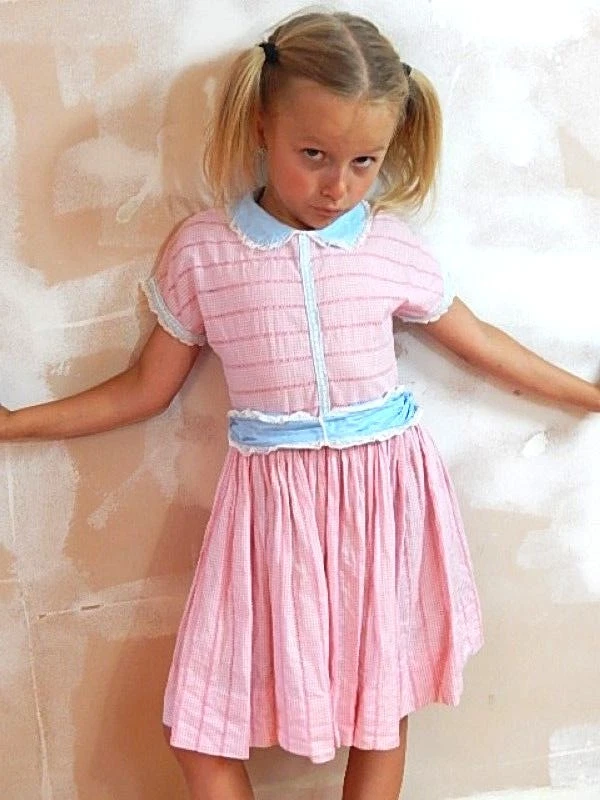 Vintage 1960s Pink Gingham Mid Century Girl Dress Peter Pan Collar BabyDoll Belt
