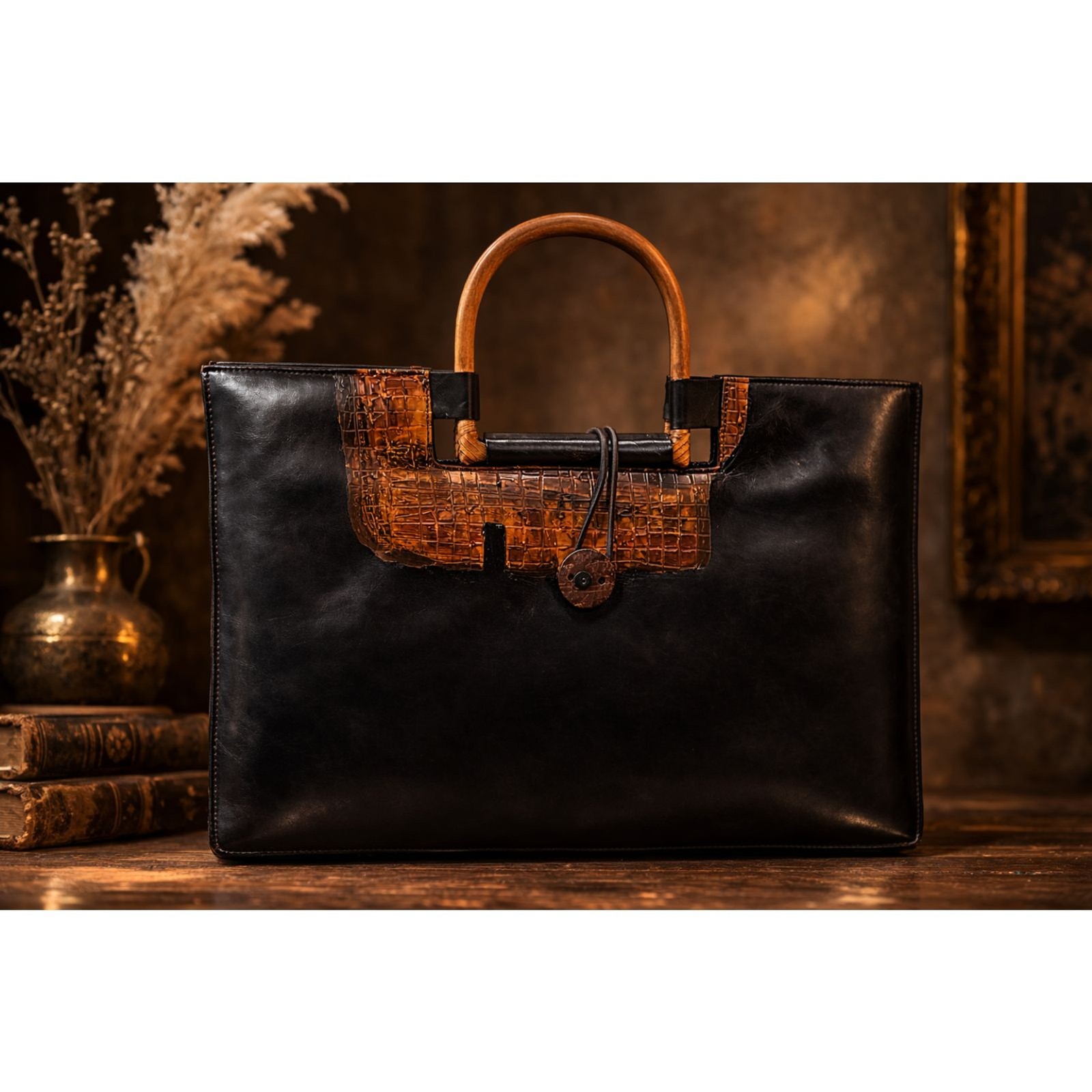 Vintage Bamboo Handle Handbag | Croc Embossed Panel | Mid Century  Tote Purse