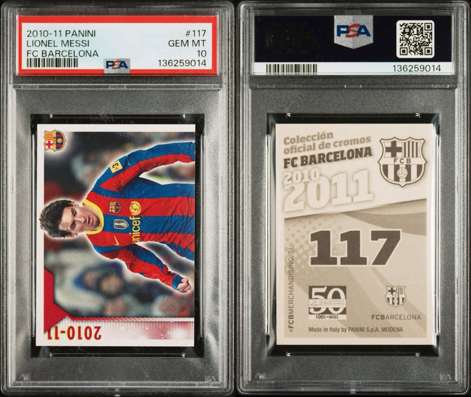 2010-11 Panini FC Barcelona Lionel Messi #117 and #118 PSA 10 Pair view 2