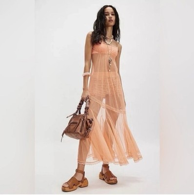 NWT Intimately Free People Madeline Peach Mesh Maxi Slip Dress Size XS.feminine