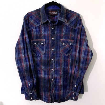 Rock & Roll Cowboy Rodeo Western Blue Long Sleeve Pearl Snap Shirt Mens Large