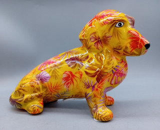 POMME PIDOU DOG MONEY BOX DASCHUND Yellow Floral Ceramic Decoupage Piggy Bank