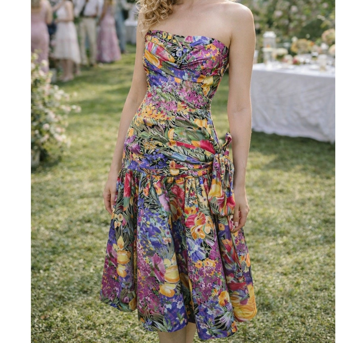 Victor Costa vintage 80s floral drop bow waist strapless party dress size 2 XS