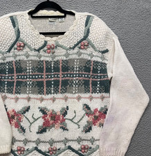 90s Embroidered Sweater Womens L Cream Floral...