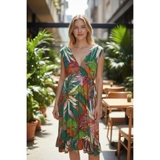True Destination V Neck Dress Multicolor Tropical Leaf Print Sleeveless Casual S