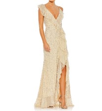 NWT Mac Duggal Nude Sequin Plunging Neck Ruffle Gown Size 12