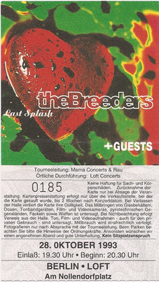 The Breeders  In Concert 1993 Berlin Loft Ticket / Konzertkarte / Eintrittskarte
