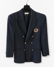 Vintage Liz Claiborne Black Crest Blazer Gold Buttons Padded Shoulders Preppy S
