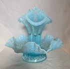 New ListingFenton Blue Opalescent Diamond Lace Epergne 3 Horn Vase Vintage
