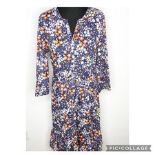Talbots blue white orange floral button front belted midi dress size 14