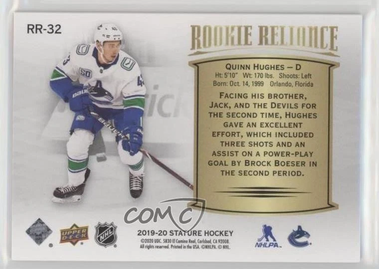 2019-20 Upper Deck Stature Rookie Reliance Red /45 Quinn Hughes #RR-32 RC - Image 2 of 2