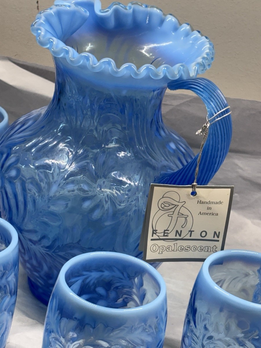 Fenton Opalescent Fern Pattern 7 Pc Sapphire Blue Water Set | eBay