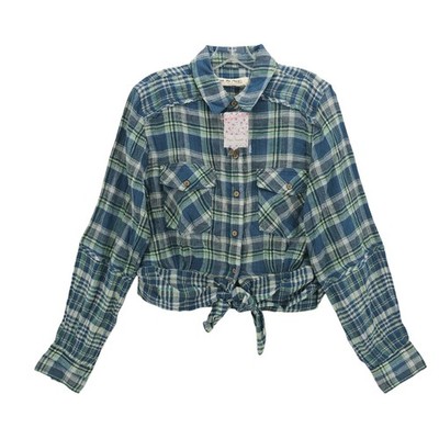 NWT FREE PEOPLE First Bloom Plaid Top Chambray Combo Blue Green Tie Front MEDIUM