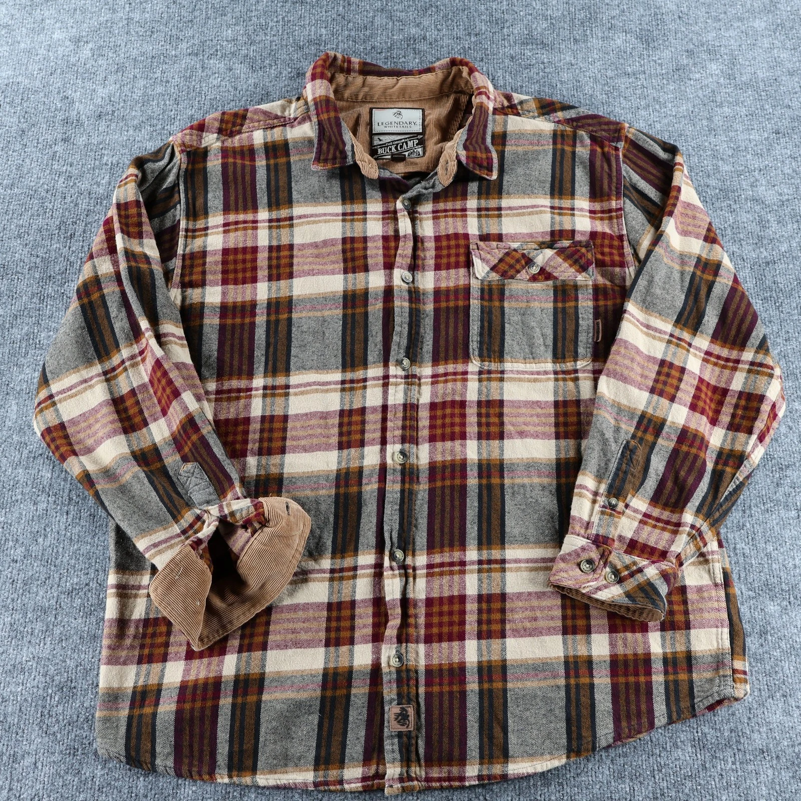 Legendary Whitetails Buck Camp Flannel Shirt Mens 2XL Plaid Corduroy Collar Pock