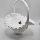 Fenton White Hobnail Milk Glass Basket Ruffled Edge 8" Vintage Label
