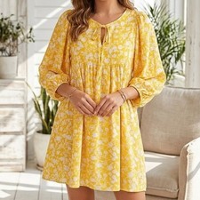 Dokotoo Yellow Floral Puff Sleeve Babydoll Mini Dress Large Tie Front Boho L