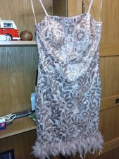 Lipsy London Nude Sequin Dress Size 16 Feather Hem Wedding Party Occasion New