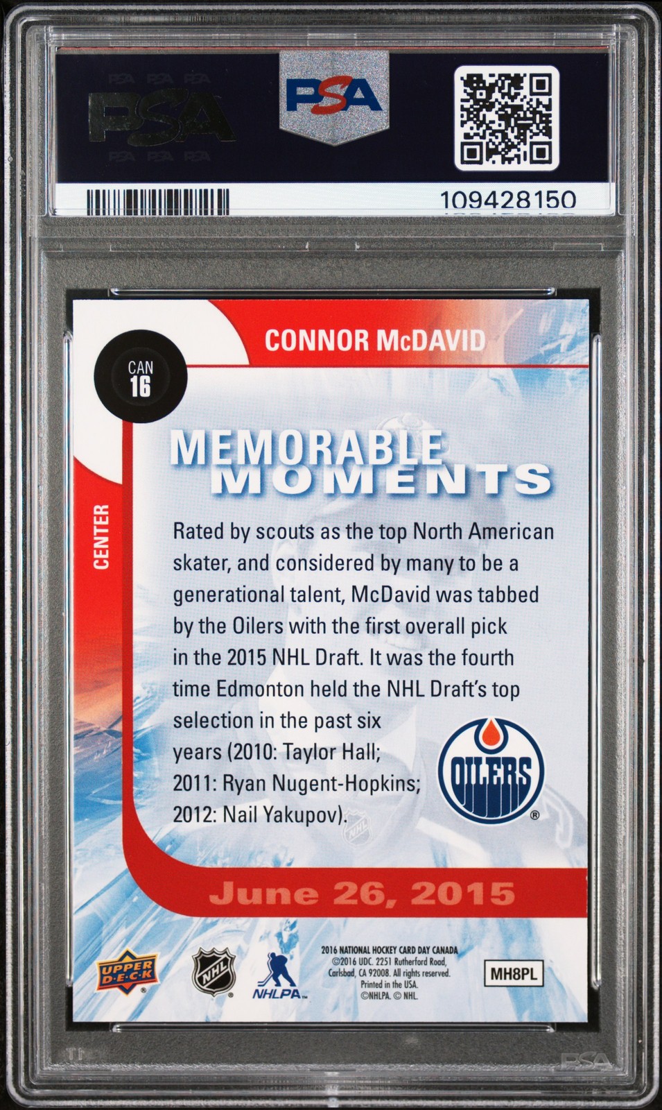 2016 UPPER DECK NATIONAL HOCKEY CARD DAY-CANADA #CAN16 CONNOR MCDAVID PSA 8 view 2