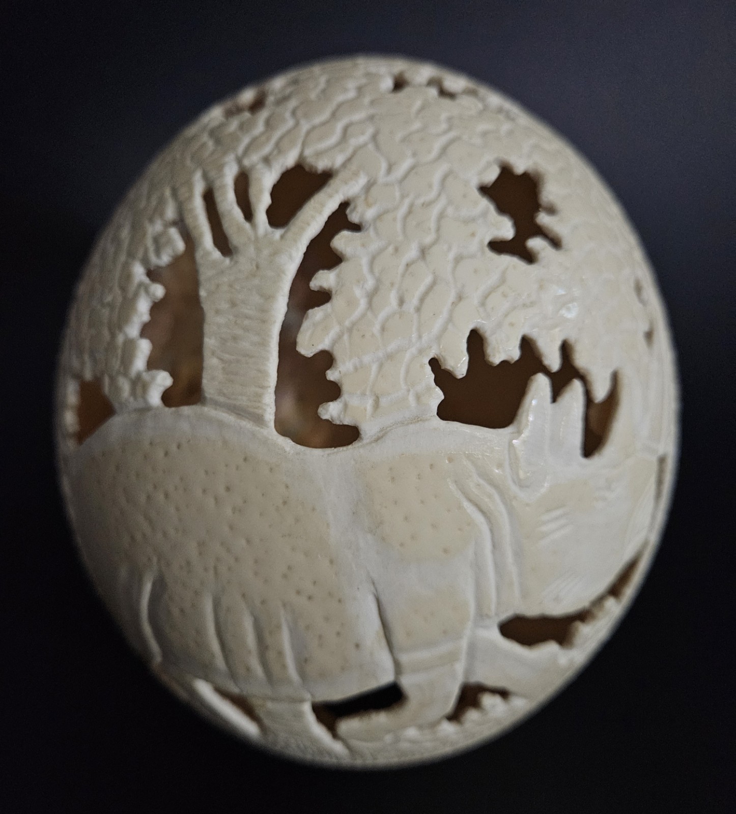 Hand Carved Ostrich Egg Intricate Rhino Sculpture Vintage Made In Zimbabwe 6