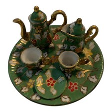 Vintage Floral Mini 8 pc. Tea Set Cloisson Chinese Gold Trim DollHouse Green