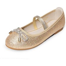 Dream Pairs Big Girls Size 5 Gold Glitter Rhinestone Bow Slip On Ballet Flats