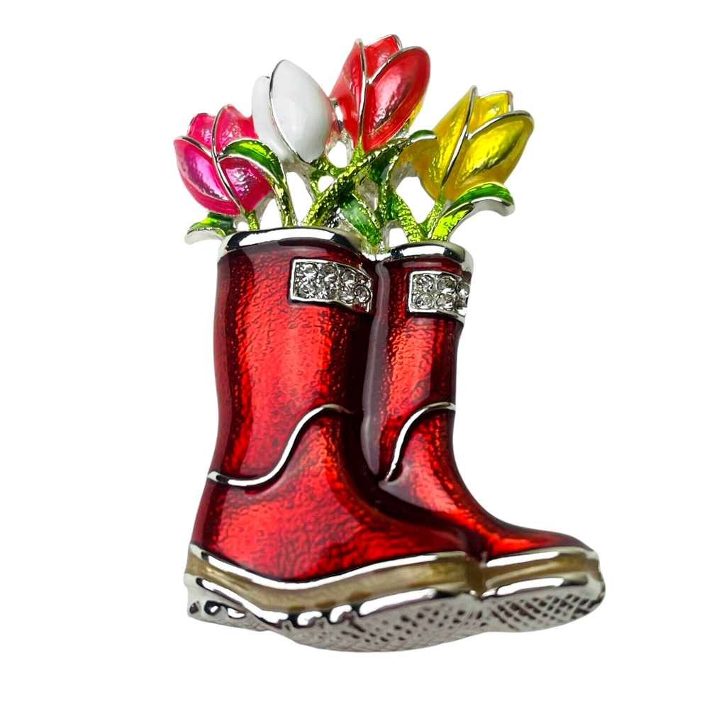 Napier Red Tulips Enamel Pin Brooch Silver Tone Gardening Boots Crystal Decor w Box  