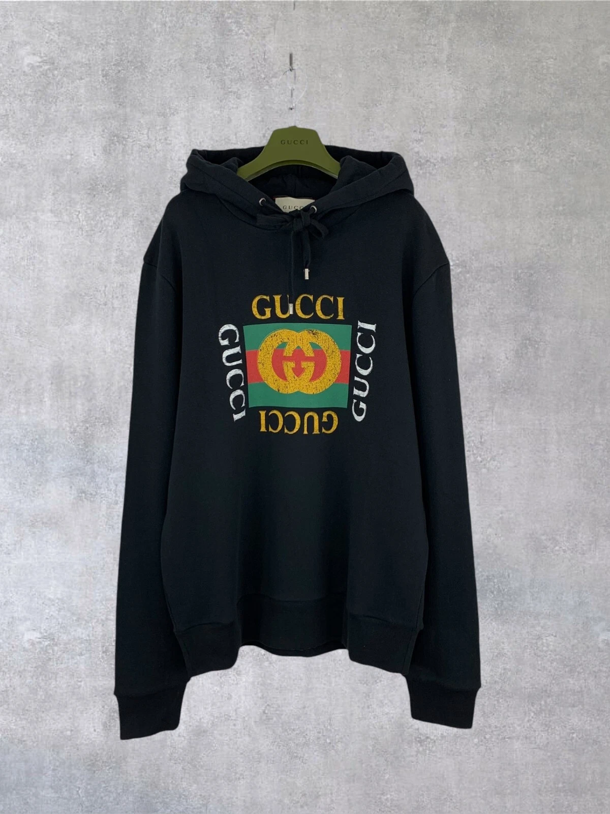 Felpa con cappuccio Gucci GG logo anteriore monogramma cotone invecchiato nera taglia L