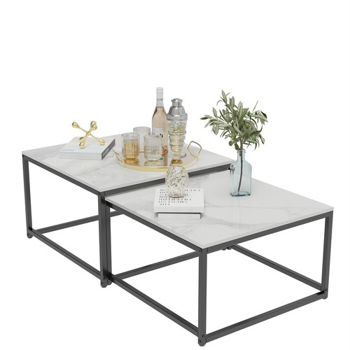 XXL Wohnzimmertisch 2er Set Couchtisch Marmor Weiss Optik Satztische Sofa Tisch - Bild 5 von 10