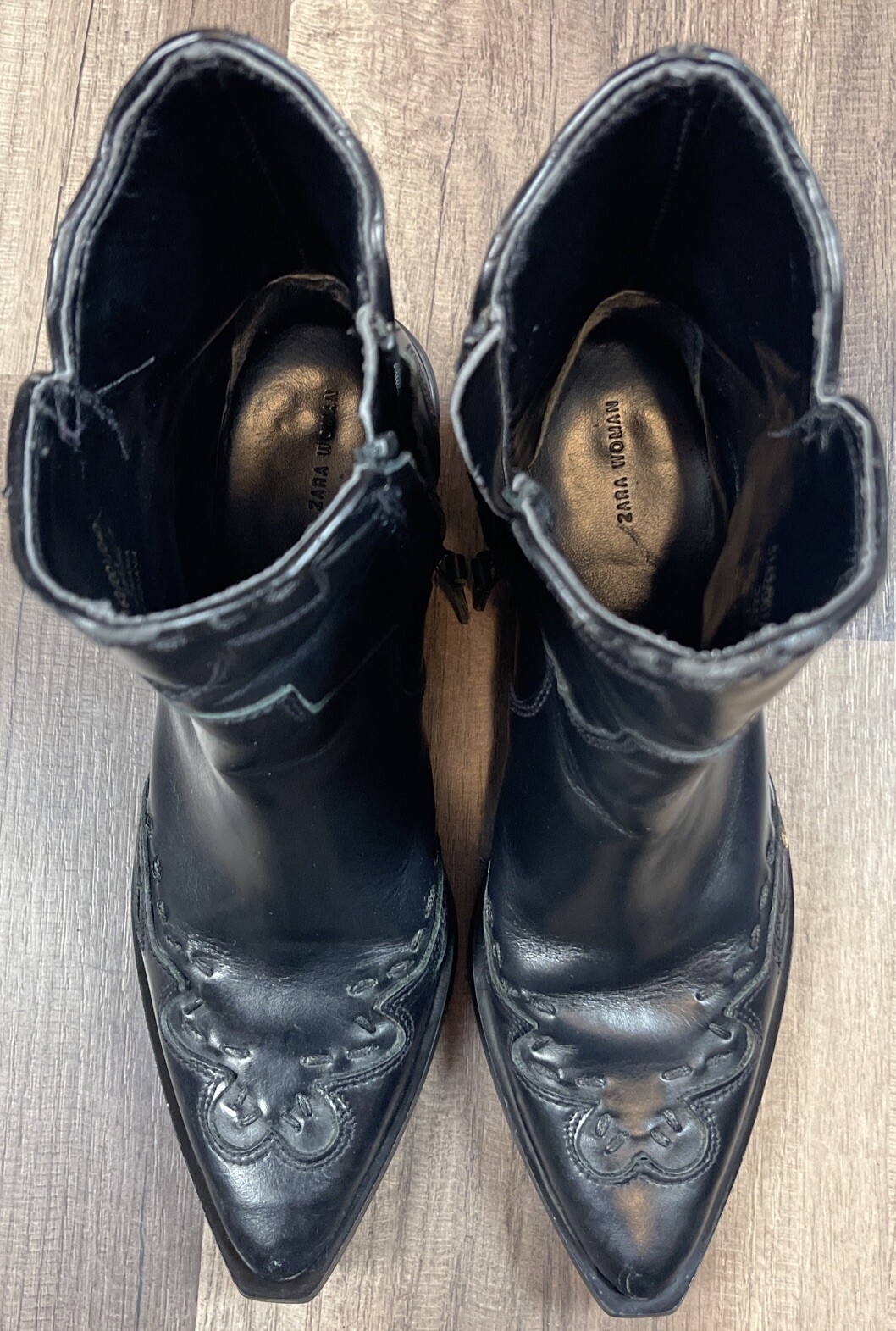 Zara Black Leather Western Cowboy Ankle Boots Size 38 EU Zippered. eBay