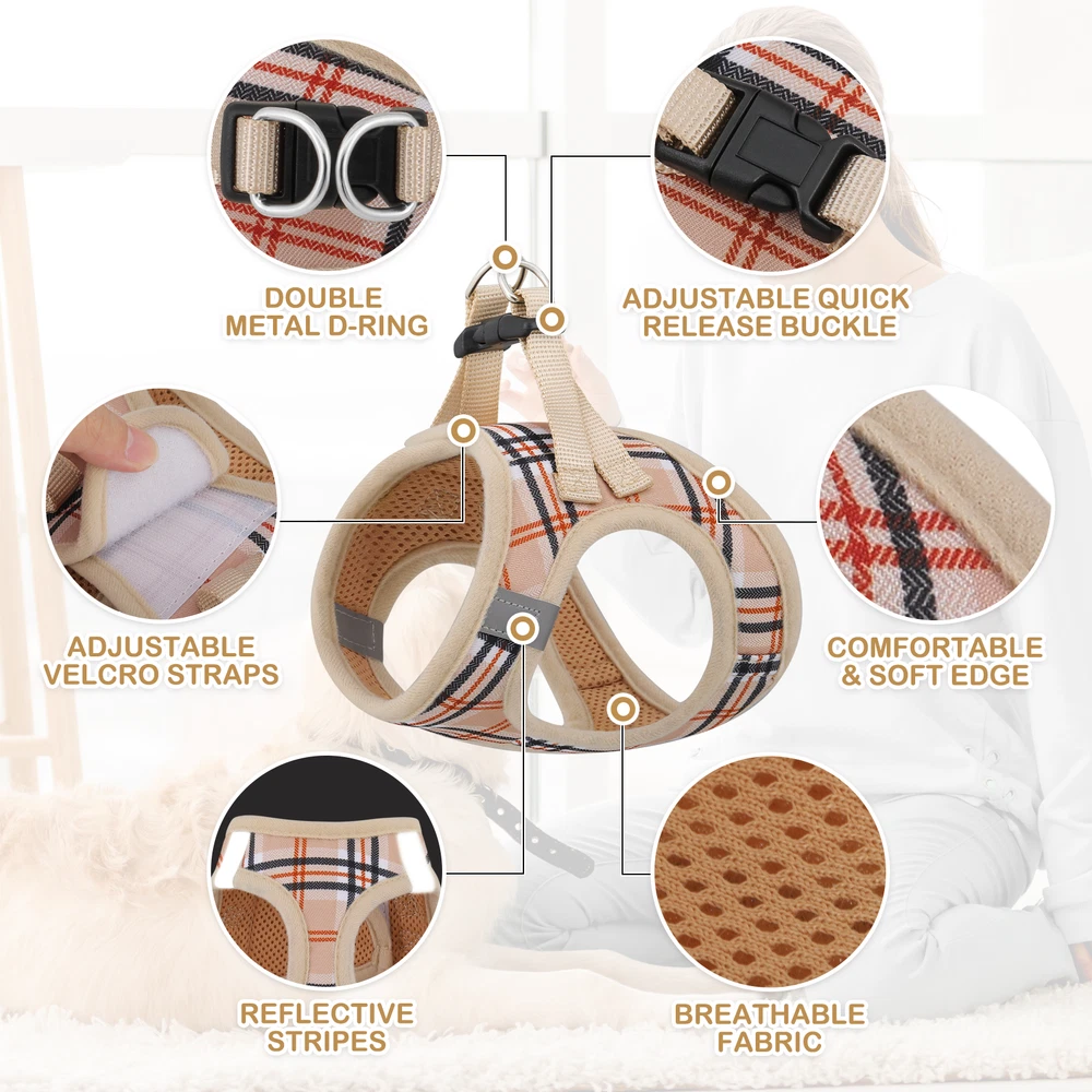 Dog Harness Breathable Mesh and Leash Set Adjustable Control Chest Strap Beige
