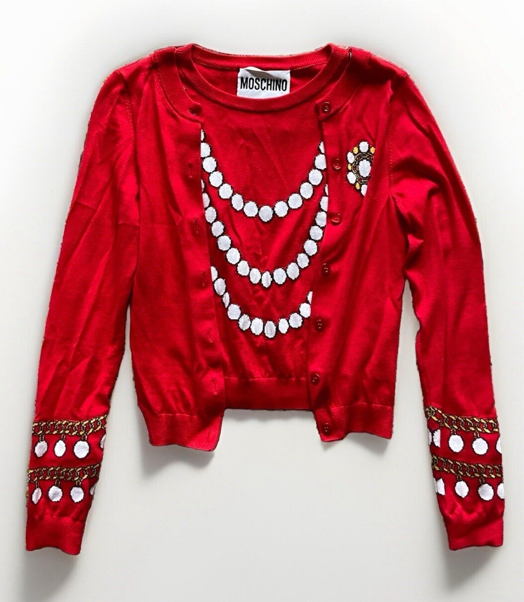 MOSCHINO⚡️Intarsia knit pearl jewelry cropped cardigan