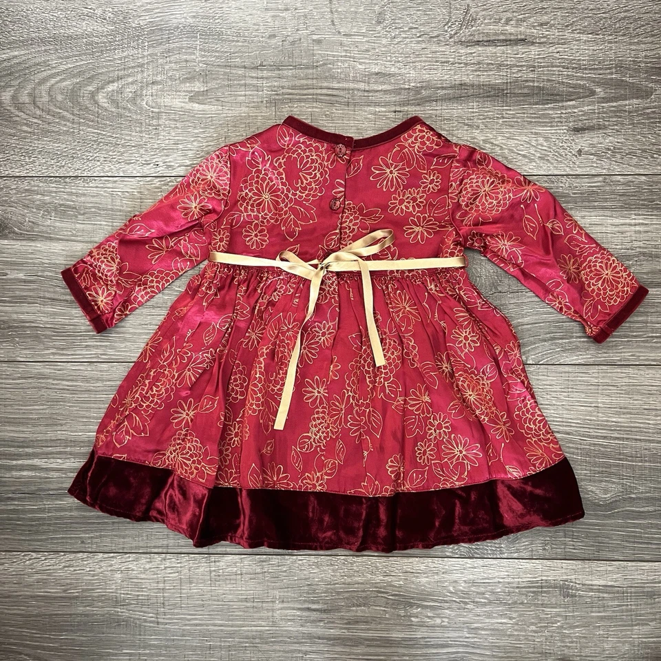 Vestido de Vacaciones Bebé Lulu Niñas Talla 12M Rojo Satinado Terciopelo Borde Navidad Floral Foto 2 de 4