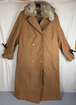 Sosandar Damen Longline Wolle Trenchcoat Größe 20 Camel Kunstfellkragen Gürtel