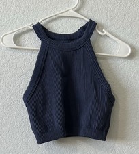 Aerie Ribbed Knit Cropped Tank Top High Neck Sleeveless Navy Blue Size M