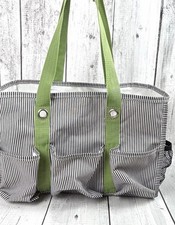 Thirty-One Organizing Utility Tote Black Pinstripe Green Handles 15" x 10"