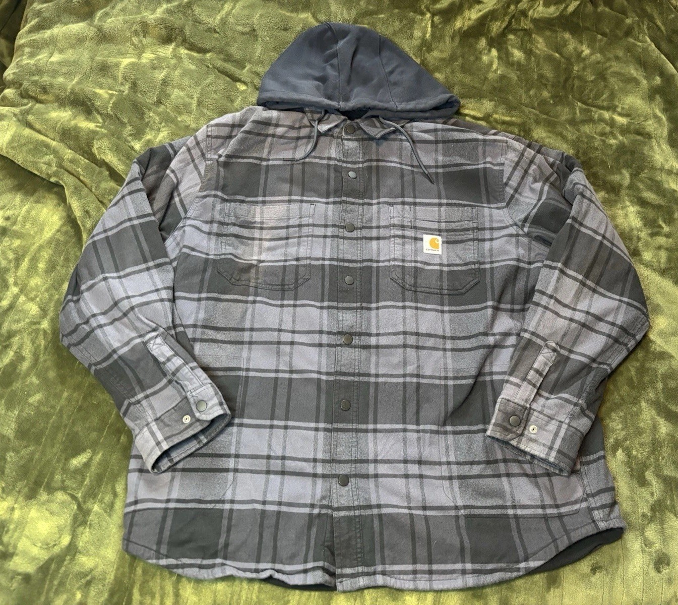 Carhartt Flannel Shacket Mens XL Gray Plaid Fleece Lined Snap Button Hooded
