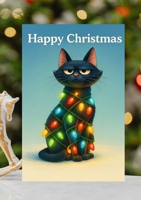 Weihnachtskarte Katze im Licht gefangen - lustige humorvolle festliche Weihnachtskarte