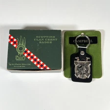 Vintage 1990 Scottish Clan Crest Keychain Campbell Art Pewter Silver w/ Box