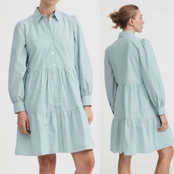 Witchery Stripe Mini Shirt Dress Womens 12 M Green Striped Long Sleeves Cotton