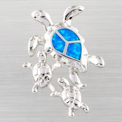 Sea Turtle Family Ocean Blue Fire Opal Silver Jewelry Necklace Pendant